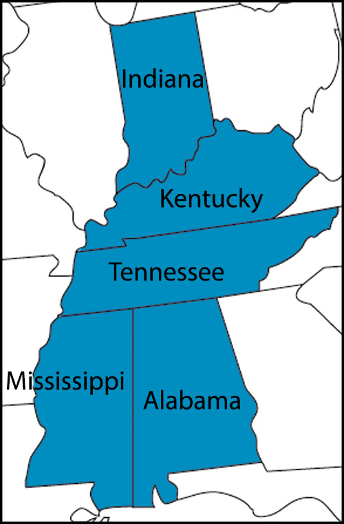5 States QIO/QIN Map - atom Alliance in Alabama, Indiana, Kentucky, Mississippi and Tennessee